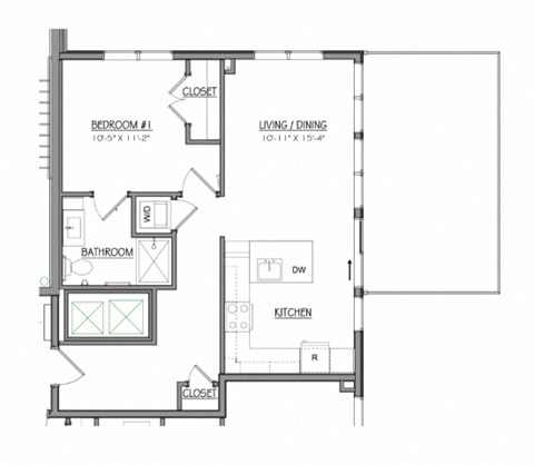 Floor plan for 1 bed, 1 bath, 665 sqft
